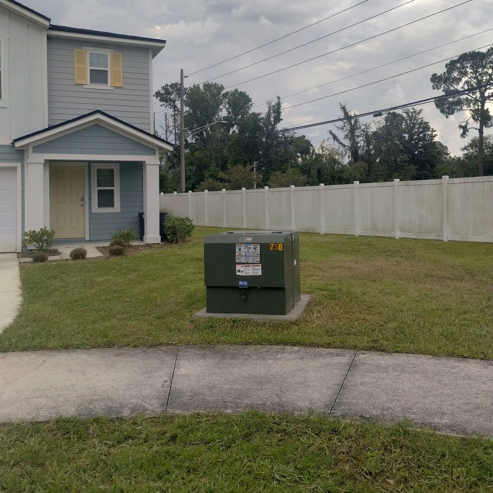Same frontage mowed with the walkway and utility box cleared